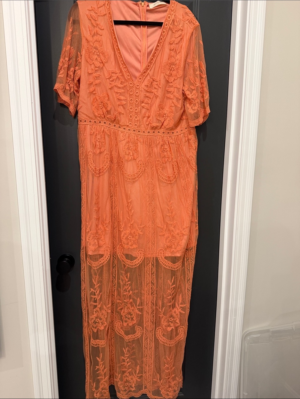 Altar’d State Embroidered V-Neck Sheer Maxi Dress in Coral Orange